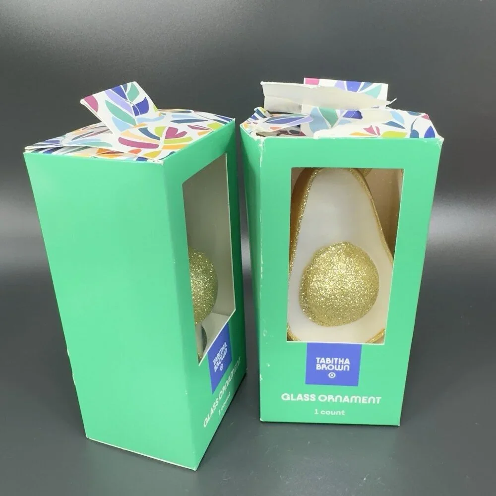 Tabitha Brown Glittery Golden Avocado Glass‎ Ornament Set 2 New In Box Gold Tone